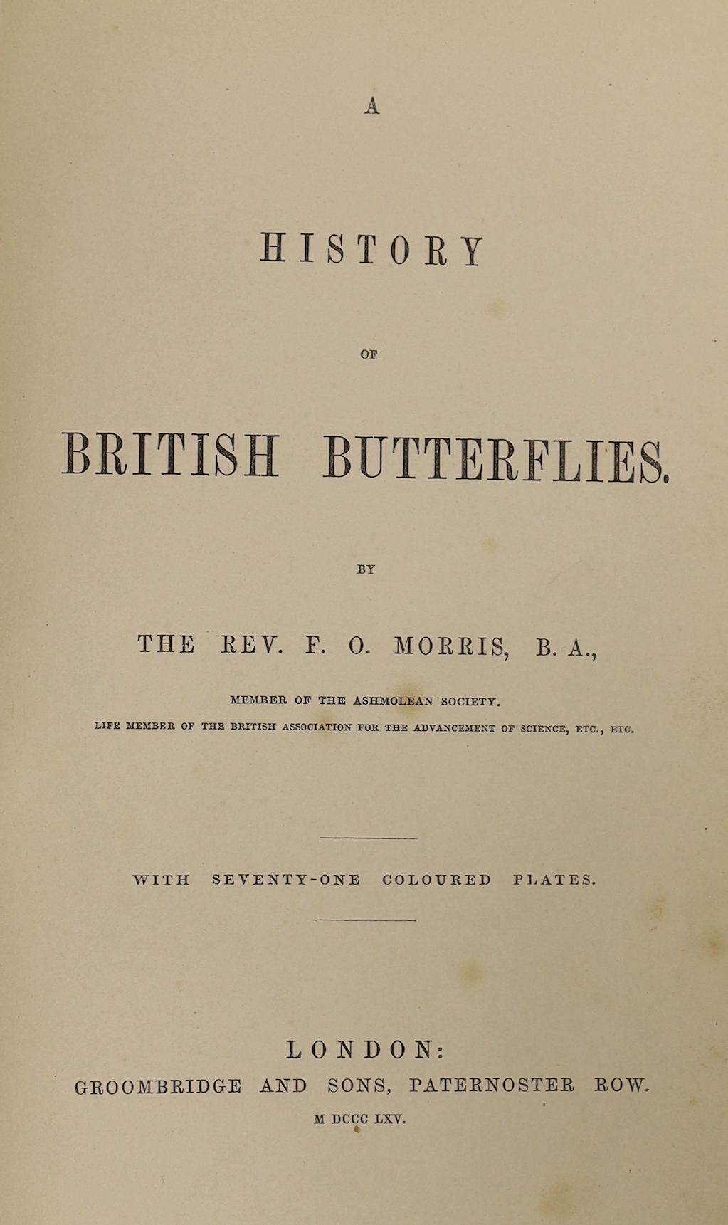 Morris, Rev. Francis Orpen - A History of British Butterflies. (new edition). 71 coloured and 2 plain plates; publisher's gilt and blind pictorial and decorated cloth. 1865